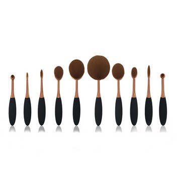 Private Label Cosmetic Foundation Tooth Brush Kit 10pcs Black Oval Toothbrush Makeup Brush Set with PVC Box